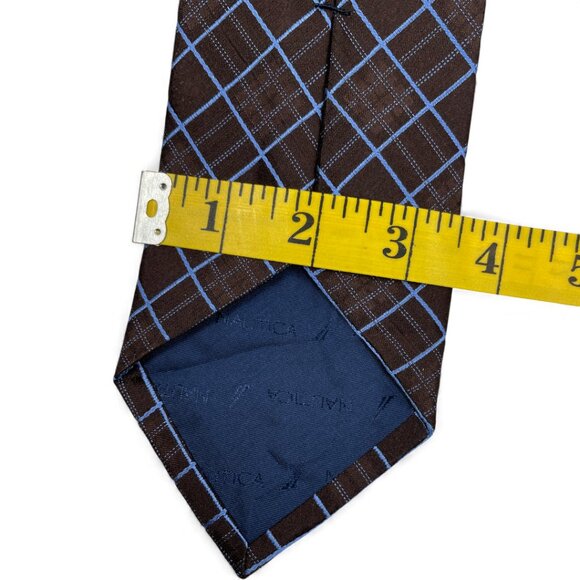 Nautica Silk Tie Brown Blue Plaid Geometric Diamonds - Picture 5 of 6